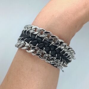 BCBG MaxAzria Leather & Chain Silver Links bracelet O/S